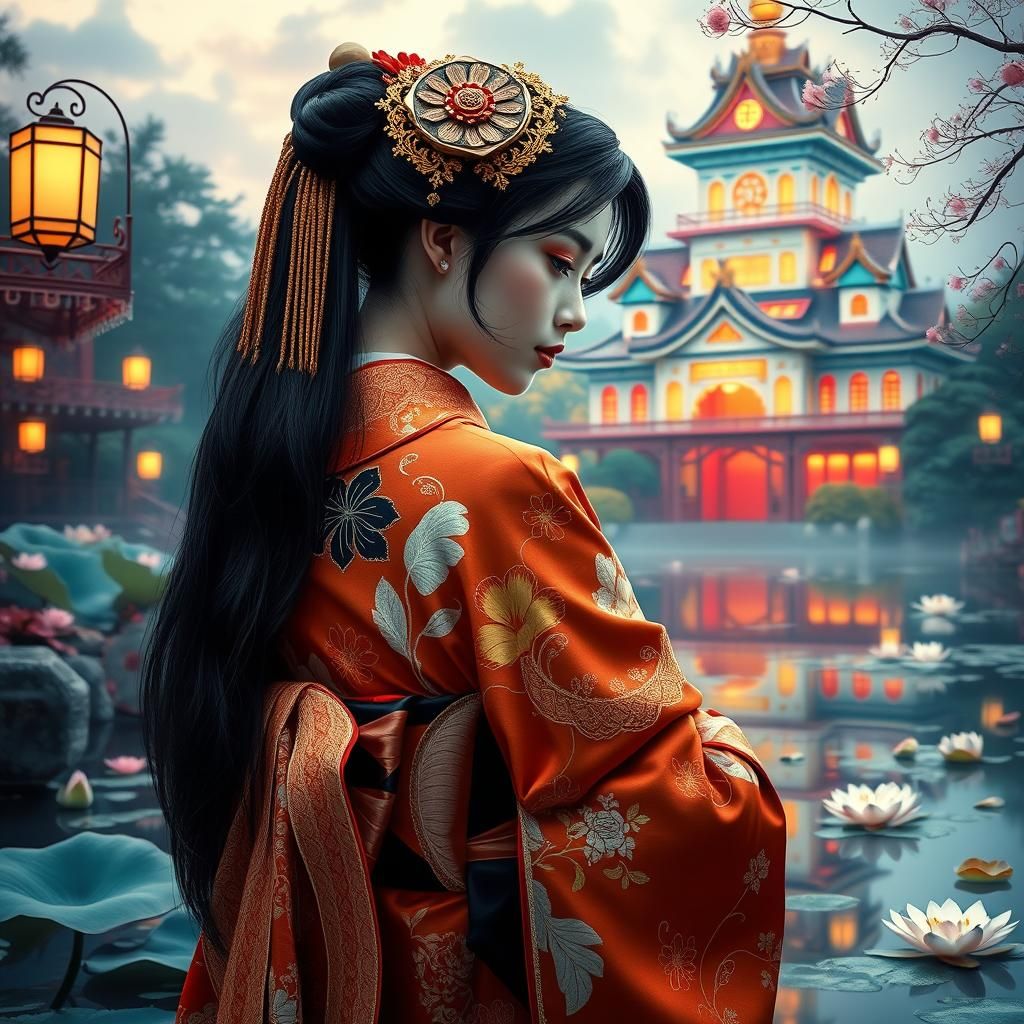 Japanese Geisha with Lily Pond and Rainbow Castle