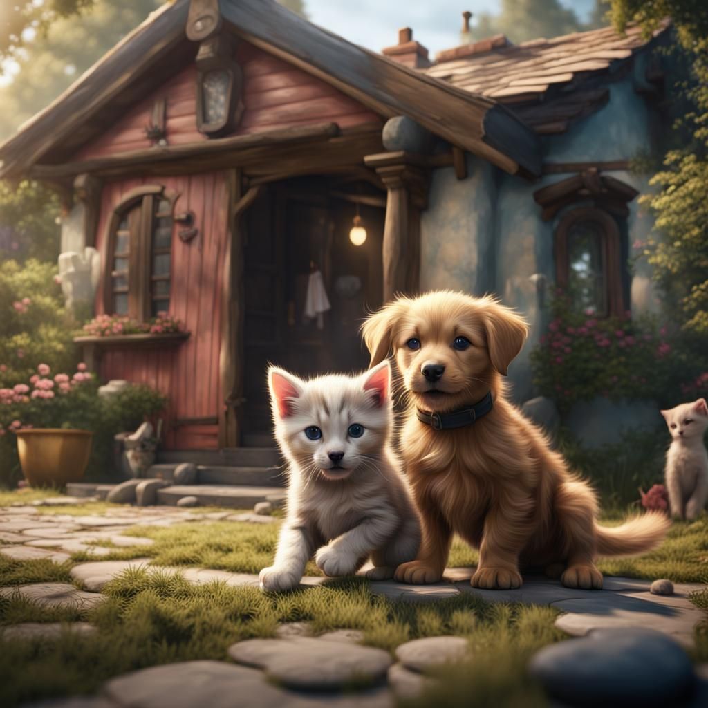 Happy Puppy and Kitten Playing: Detailed Matte Painting