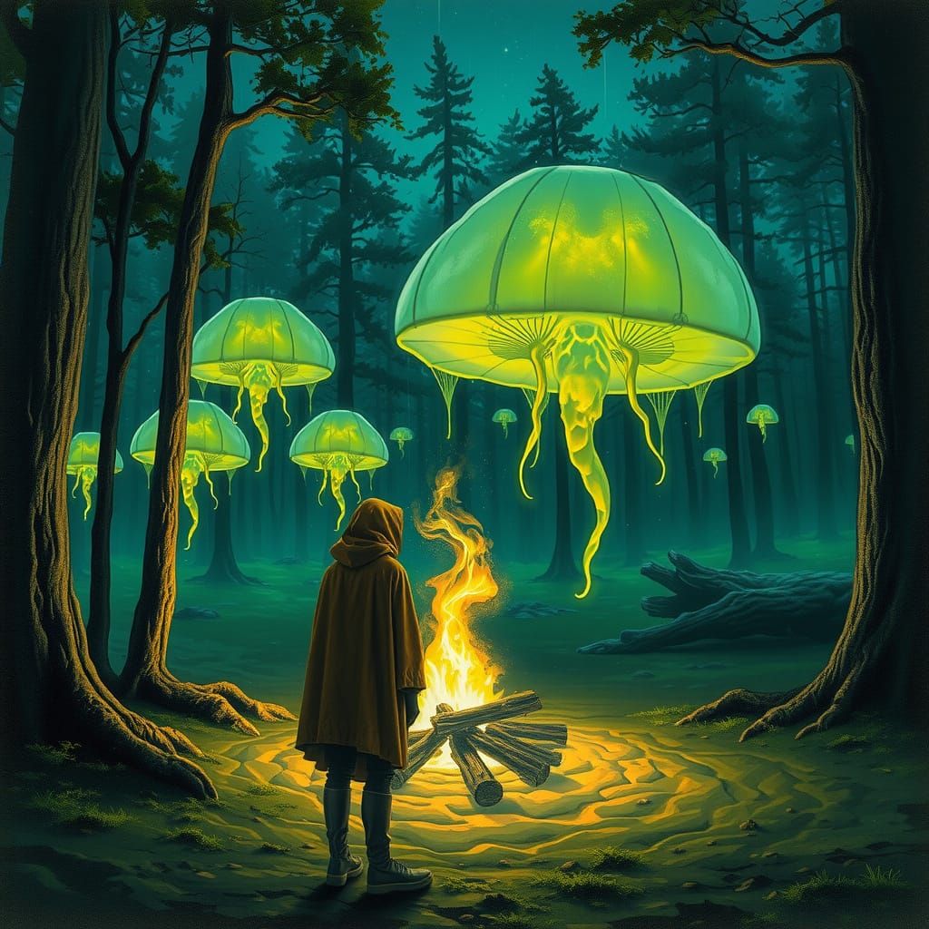 Alien Forest Campfire in Oil Painting Style