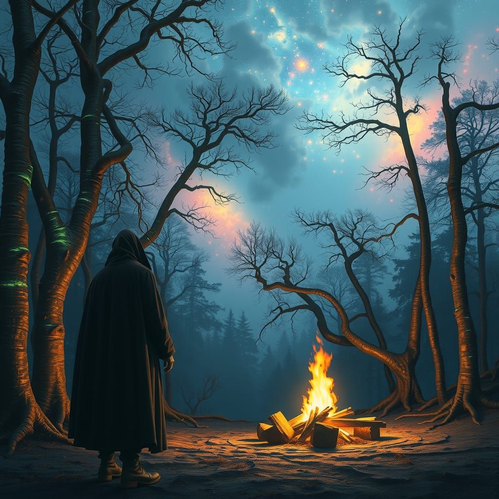 Alien Forest Campfire in Dreamlike Oil Painting Style