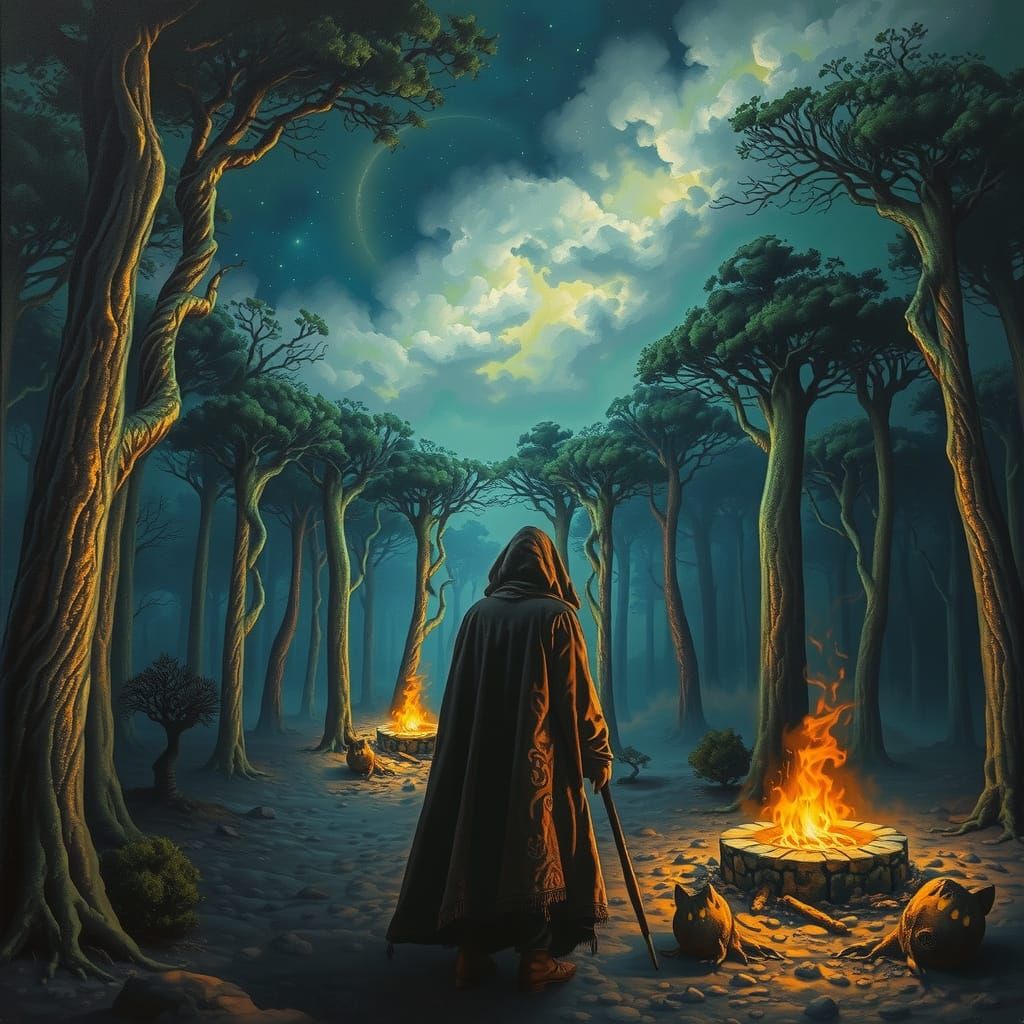 Bioluminescent Alien Forest Campfire, Oil Painting Style