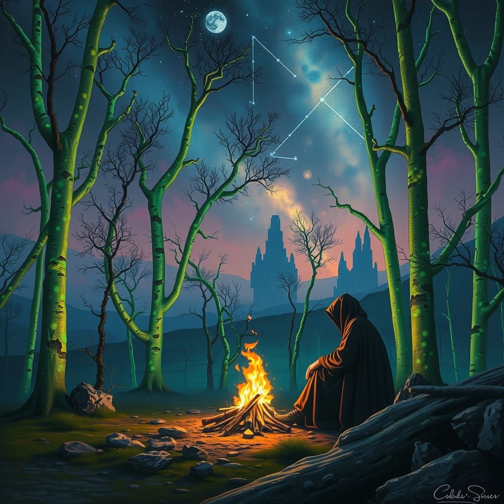 Alien Forest Campfire in Bioluminescent Oil Painting Style