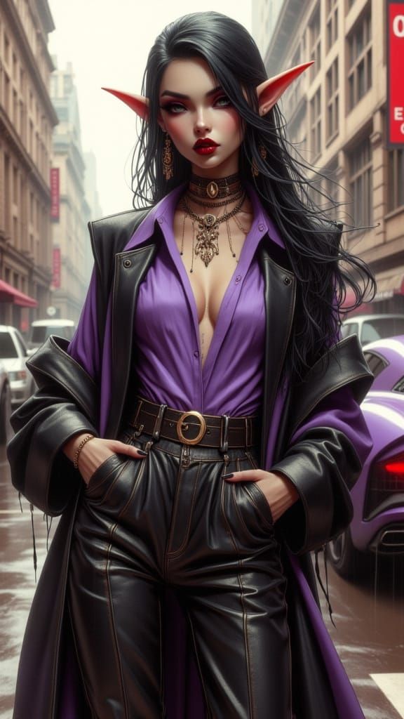 Elegant Elf in Cyberpunk Street with Futuristic Car