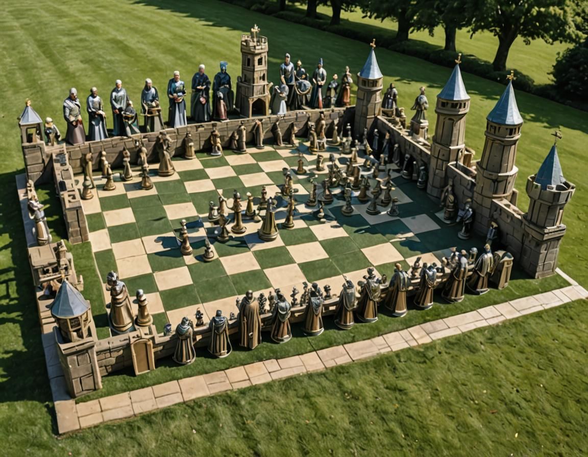 A giant chest set set outside of a castle on a lawn chess bo...