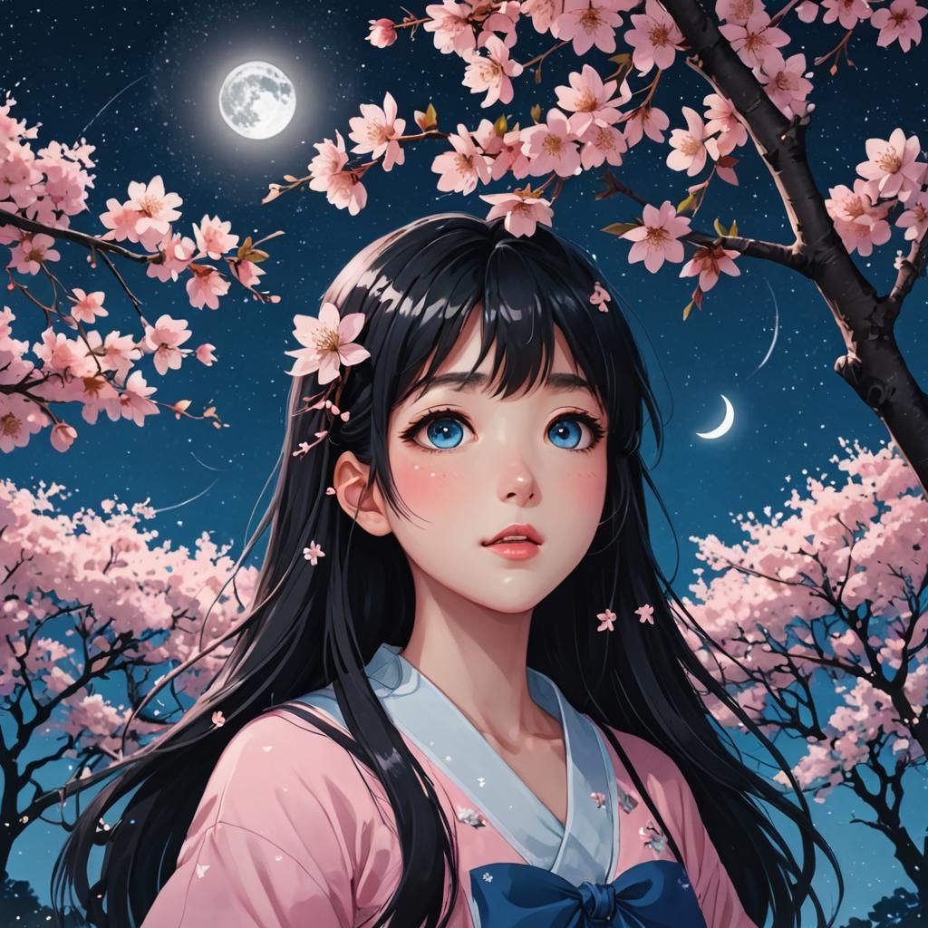 Girl with Cherry Blossoms Under Starry Night