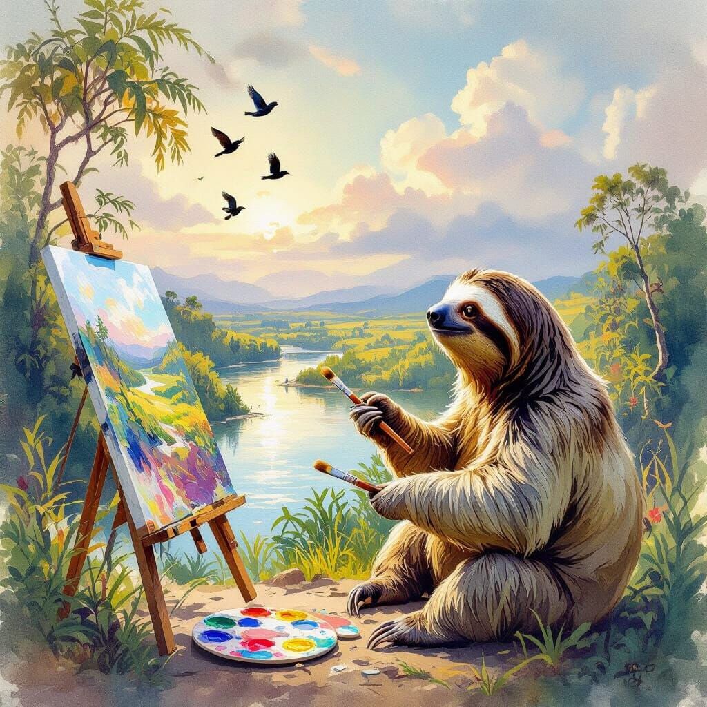 Sloth Paints Breathtaking Landscape in Watercolor Style