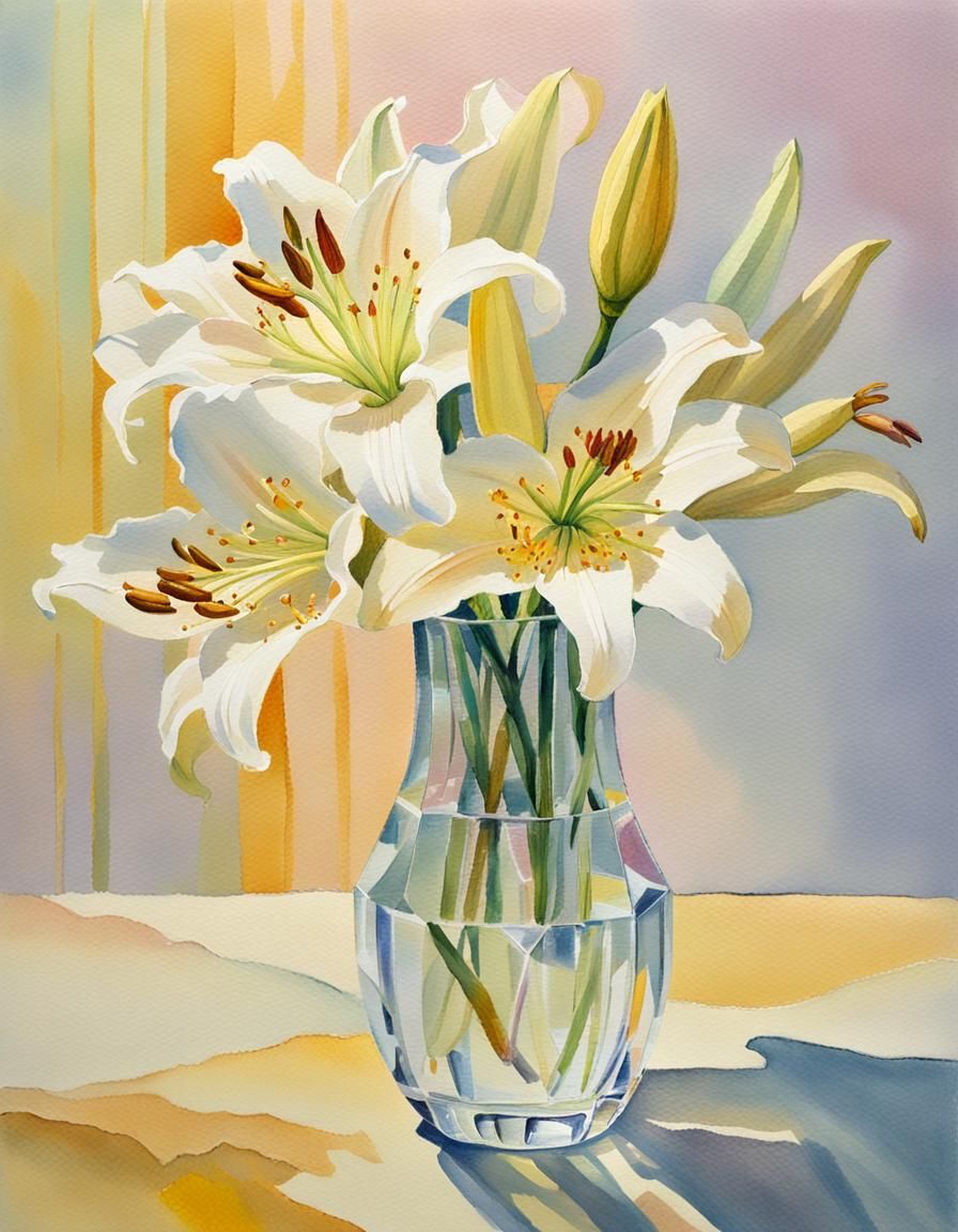 Lily in Crystal Vase as Impasto Gouache Painting