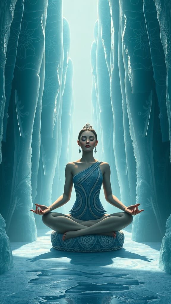 Pin-Up Meditation in Ice Pillars, Eastern Art Style