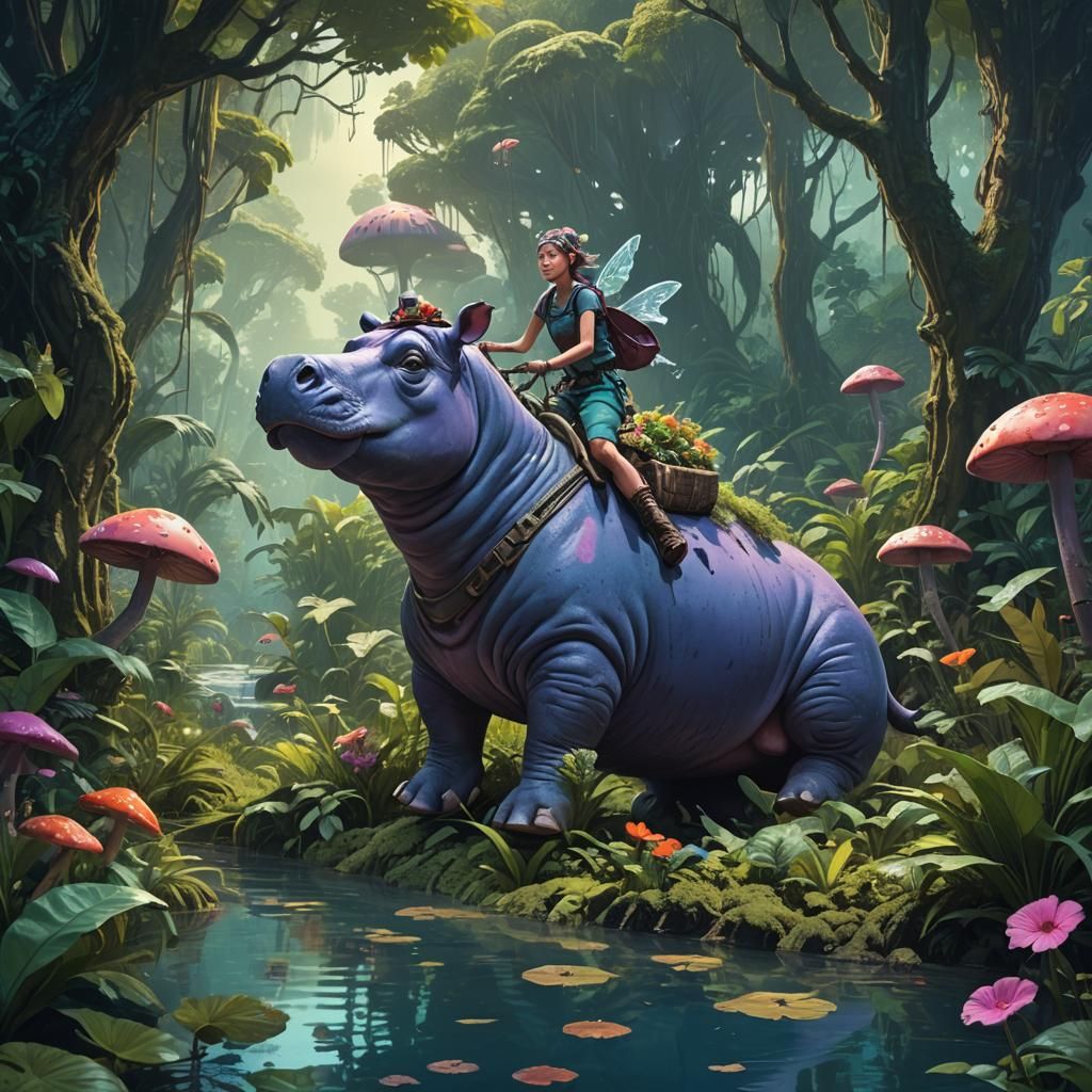 Enchanting Fairy Rides Hippo in Jungle Fantasy Art