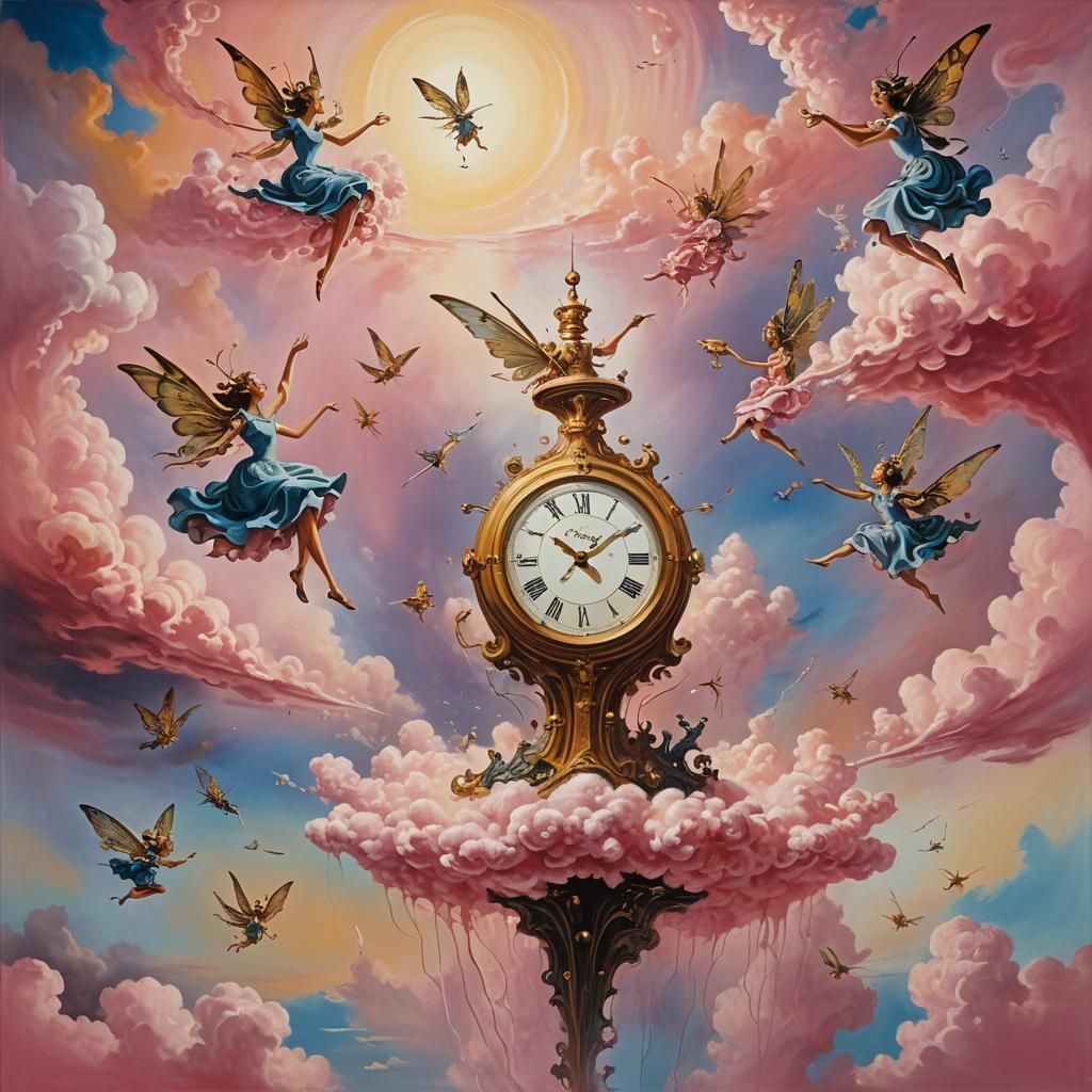 Fairies in Pink Clouds: Surreal Oil Painting