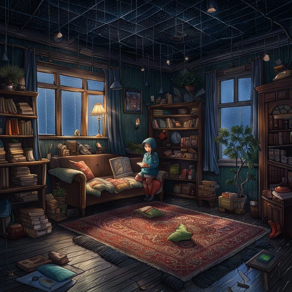 Moody Storybook Illustration of Solitude on Rainy Day