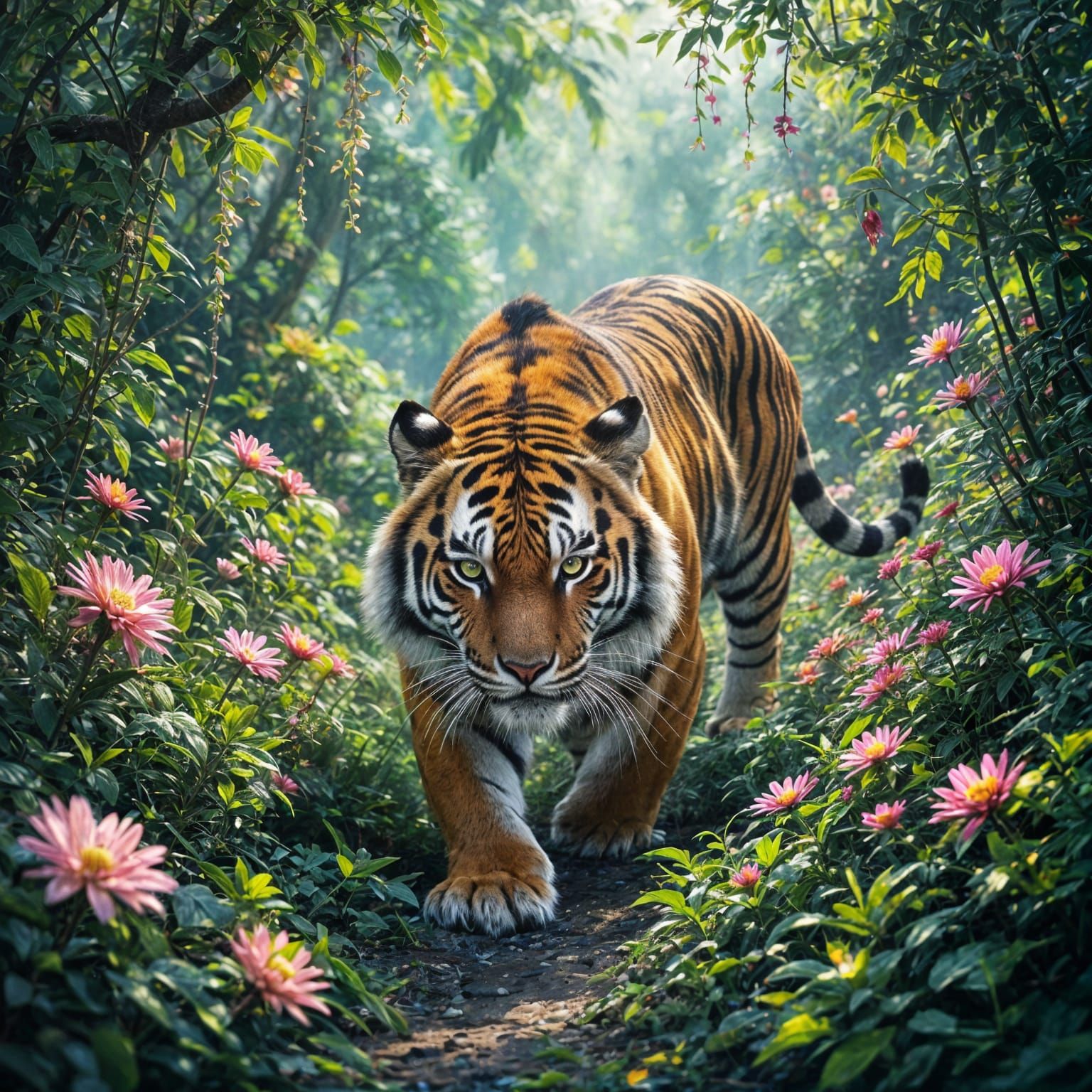 Sleek Tiger in Enchanted Bioluminescent Garden