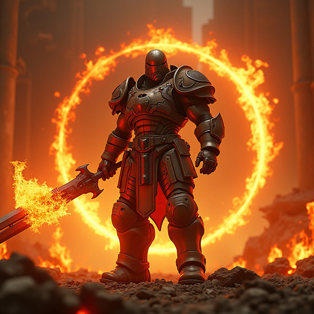 Triumphant Doom Slayer with Fiery Sword in Infernal Landscap...
