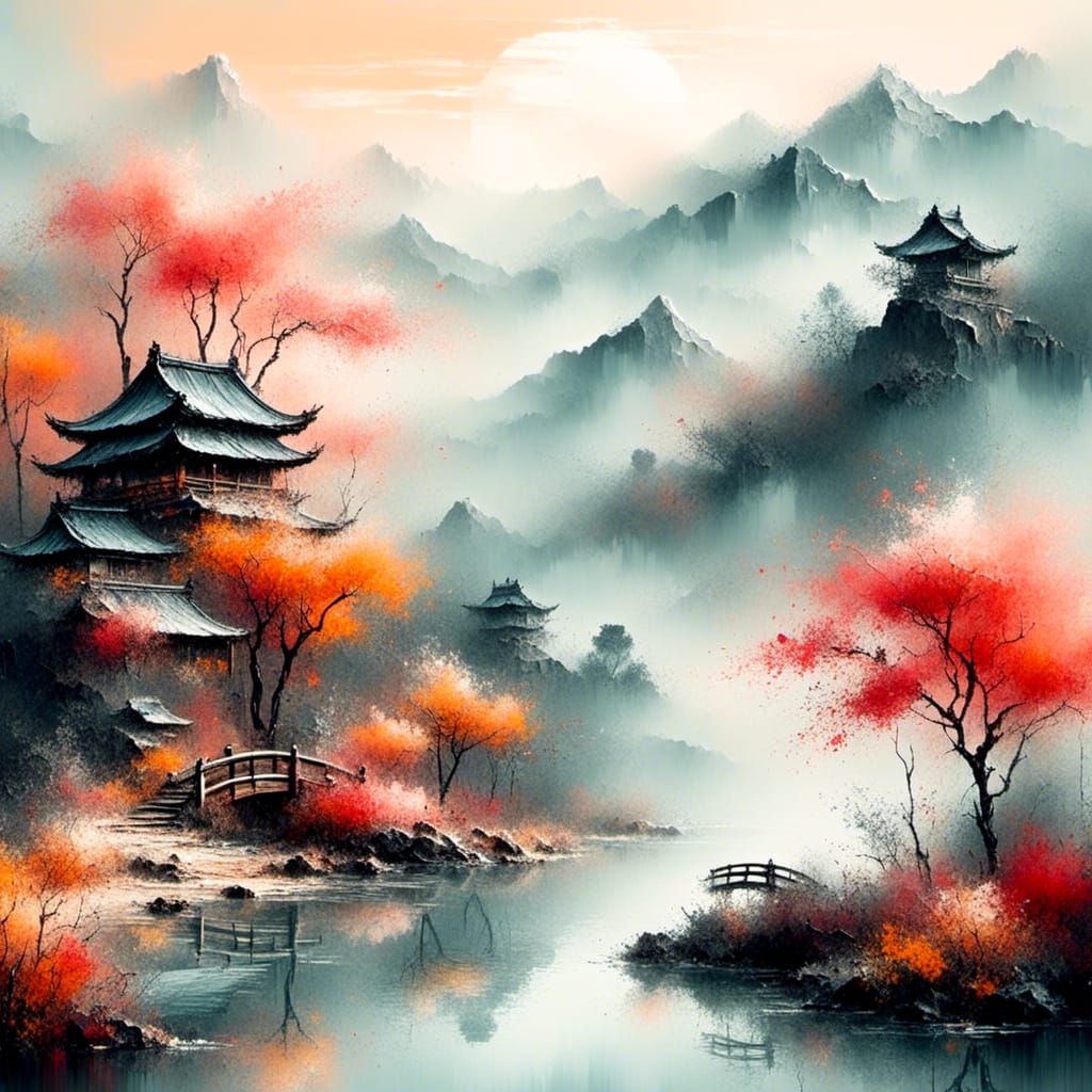 Zen Japanese Landscape in Watercolor Style