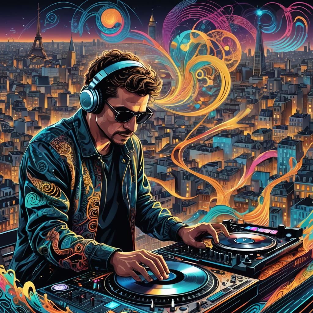 Abstract DJ in Paris with Swirling Fractals