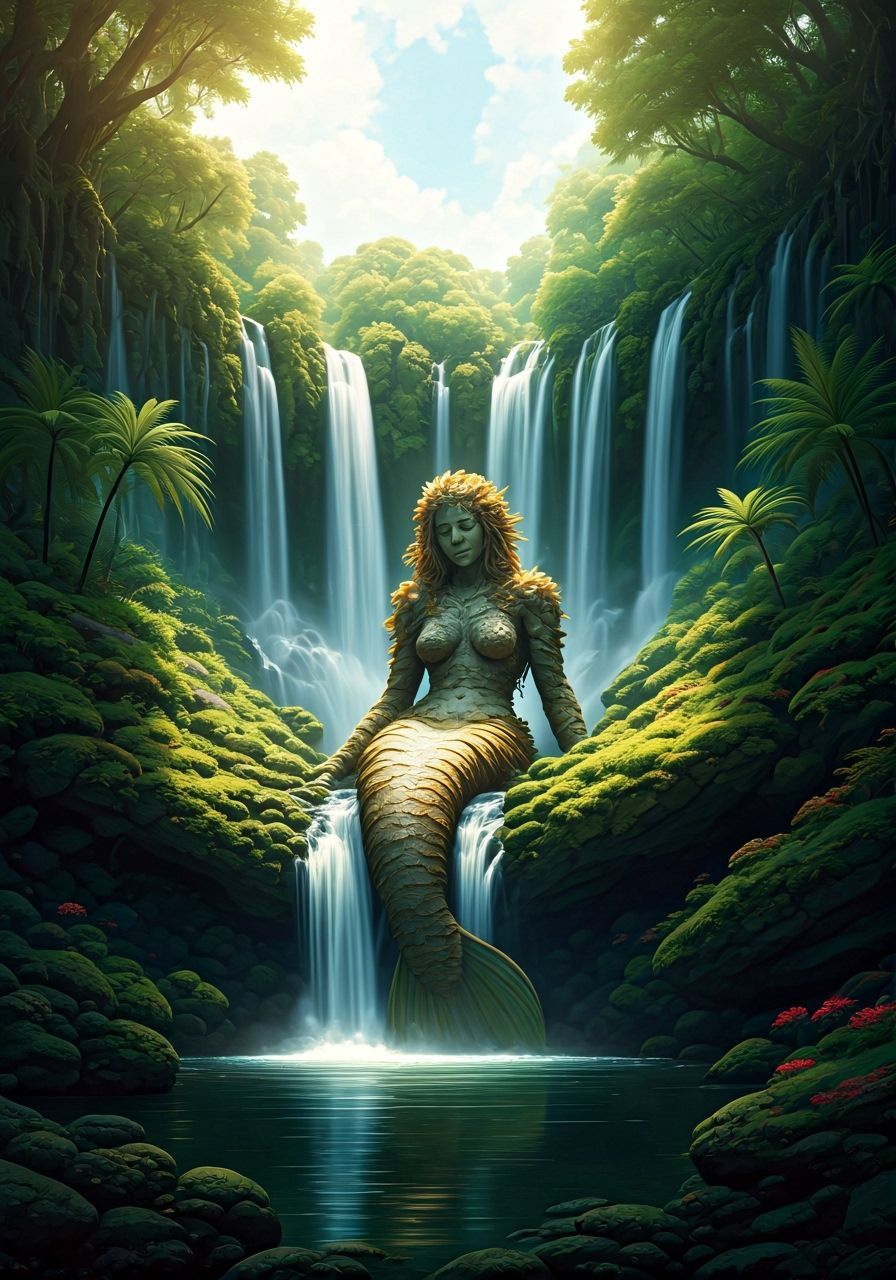 Stone Mermaid Giantess Lounging by Waterfall in Digital Art ...