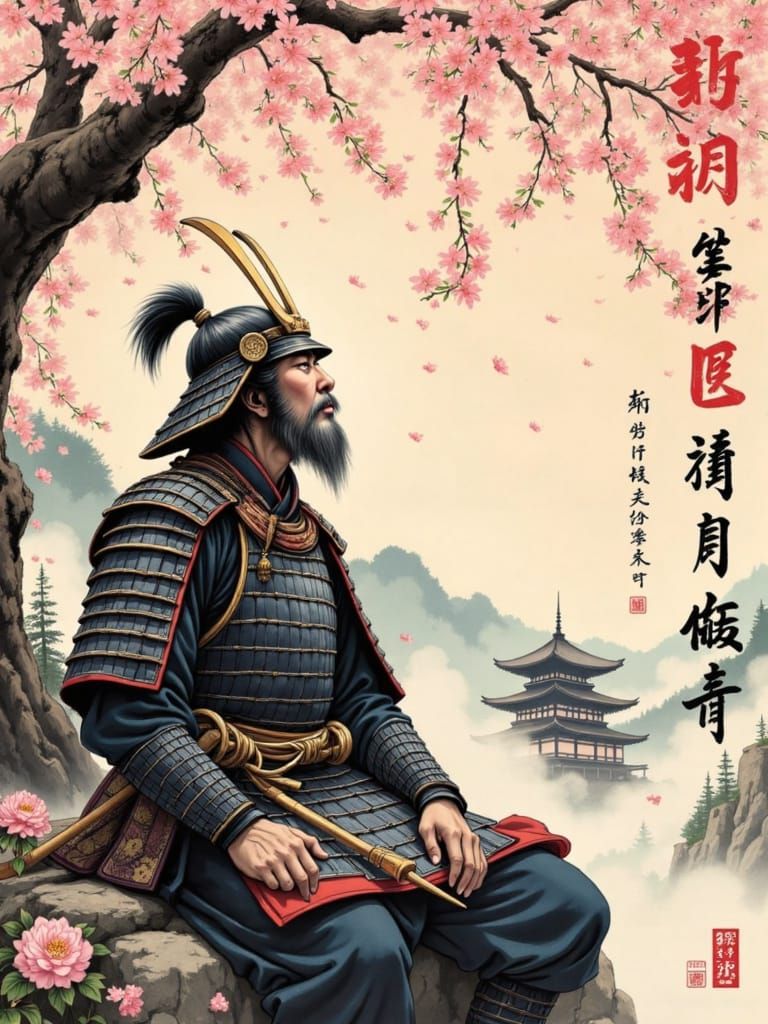 Samurai Contemplates Cherry Blossoms in Japanese Art