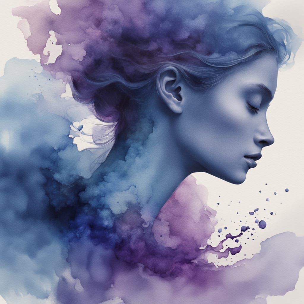 Ethereal Woman Dissolving into Cosmic Watercolor Washes