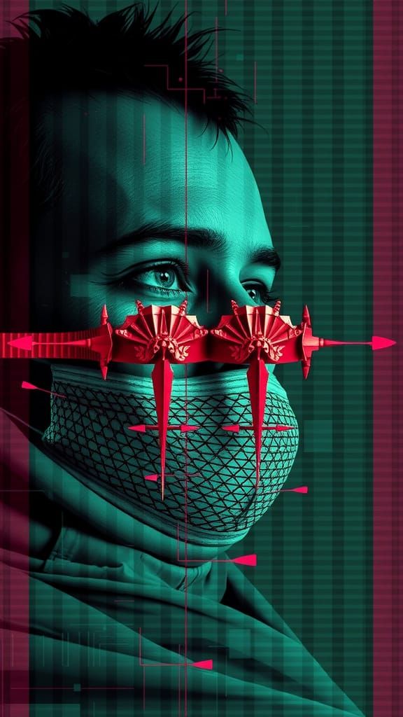 Distorted Portrait with Glitch Geometry and Visual Interfere...