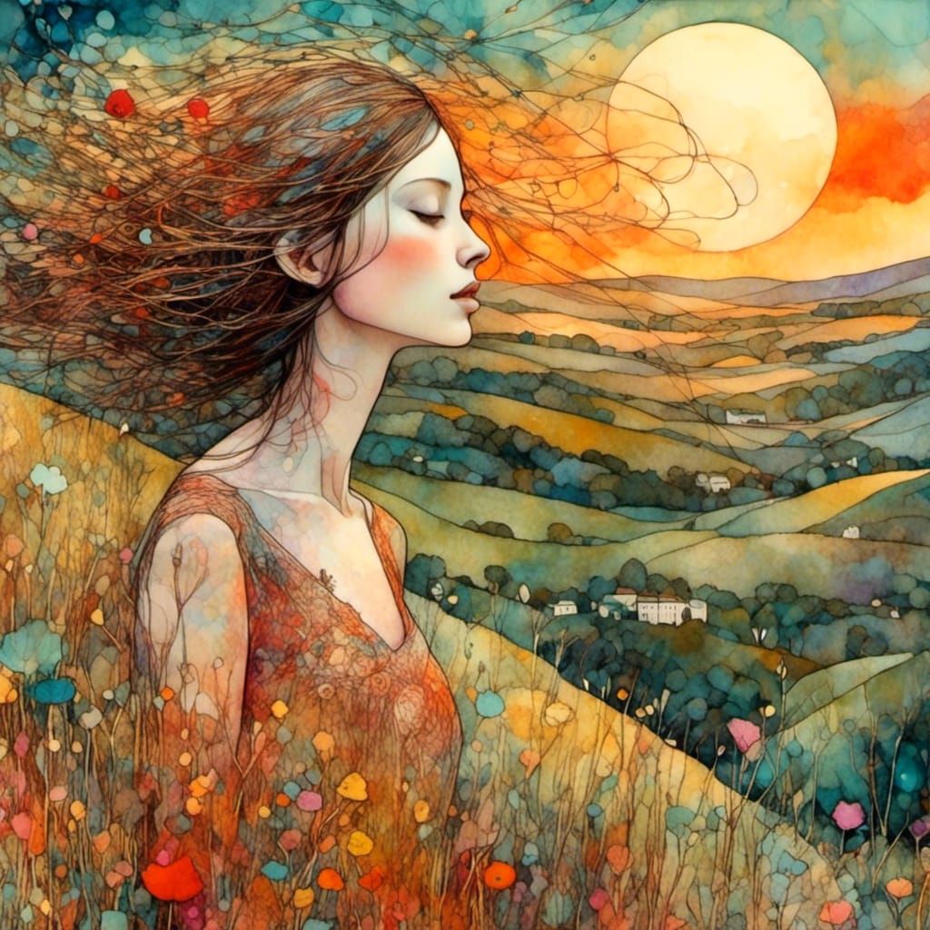 Girl on Hill at Windy Sunset, Art Brut Style