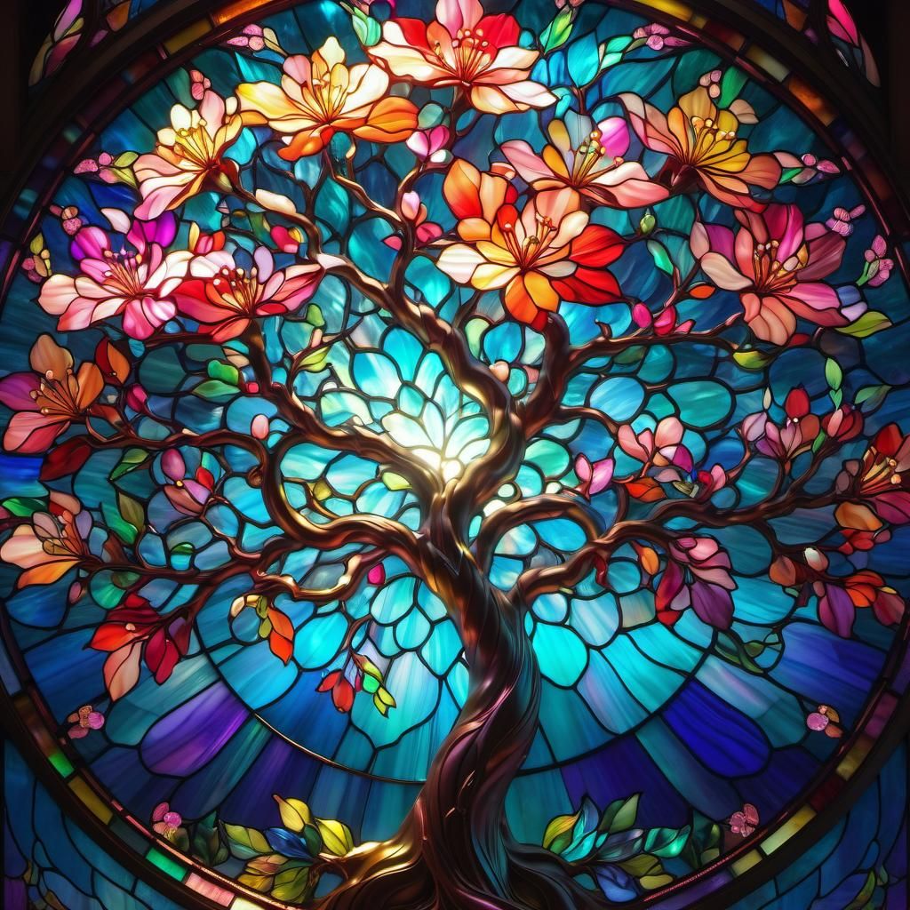 Glowing Stained Glass Cherry Flower Tree