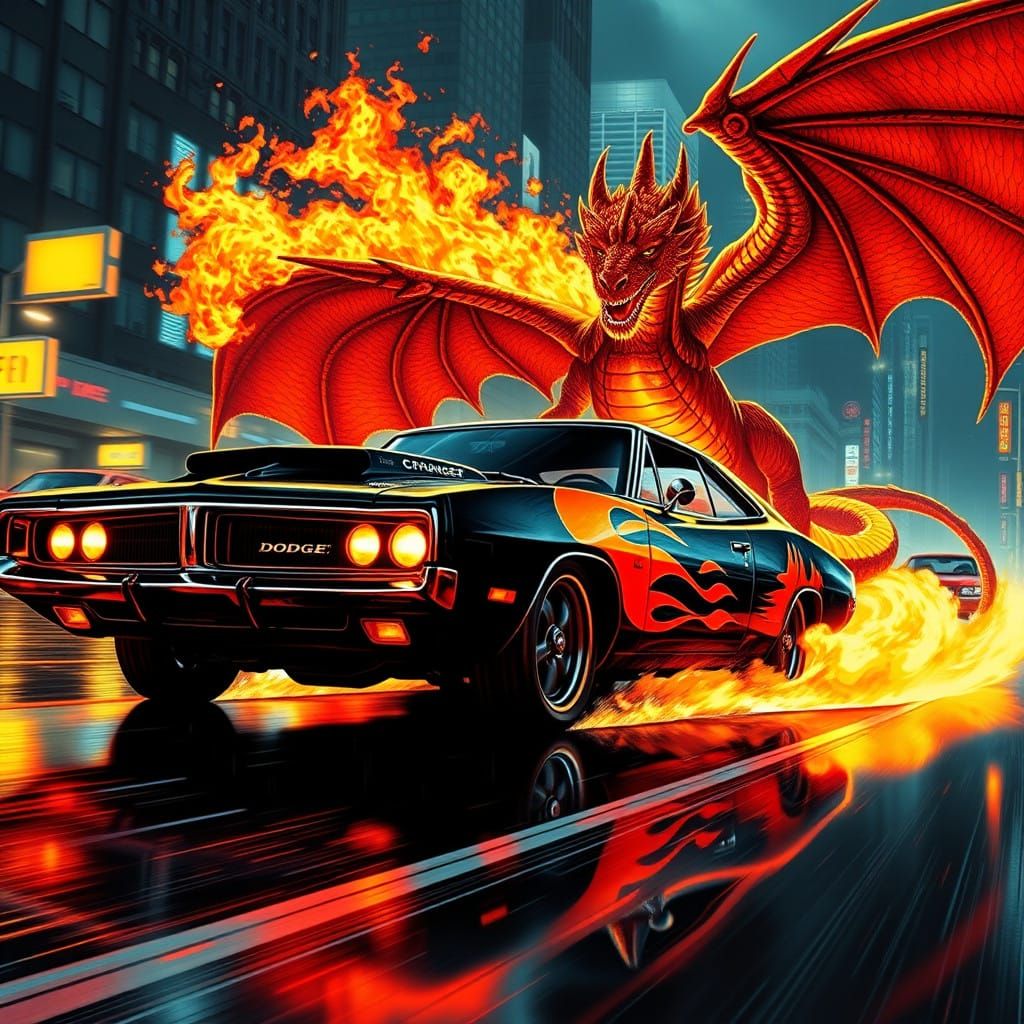 Retro Futuristic Dodge Charger Pursued by a Fire-Breathing D...