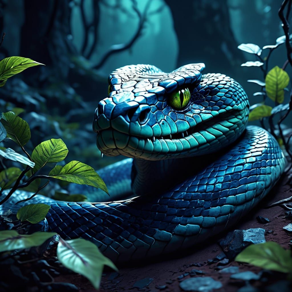 Menacing Snake Glares with Piercing Eyes in Dark Fantasy Sce...