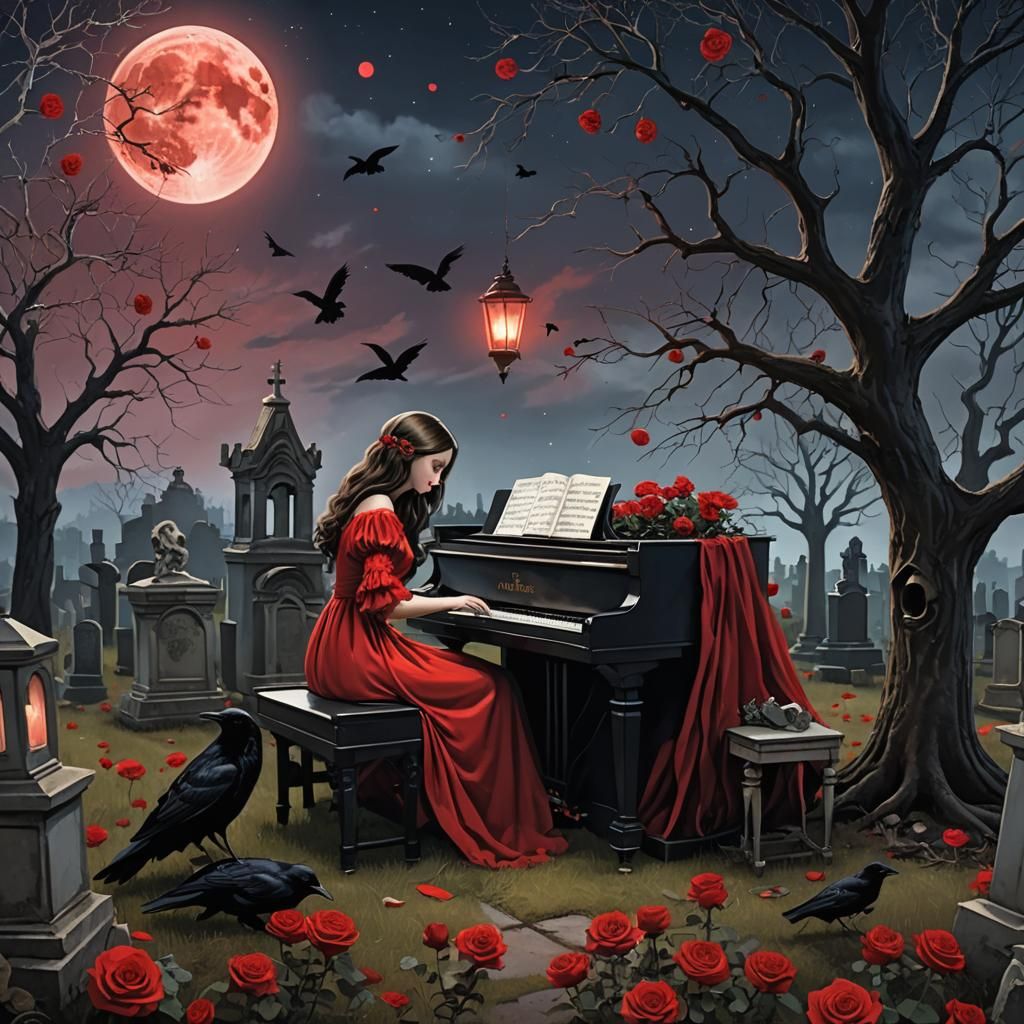 Eerie Graveyard Scene: Doll Woman Playing Piano