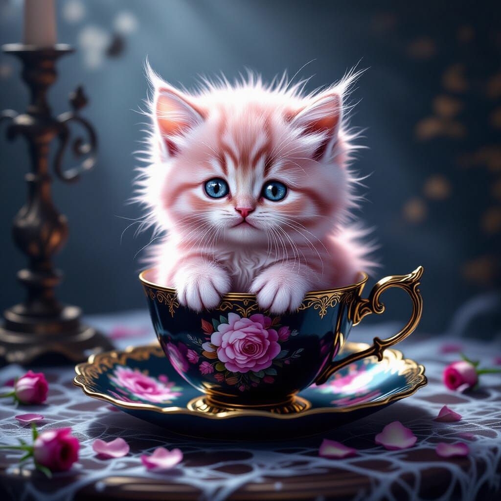 Fluffy Pastel Kitten in Victorian Teacup