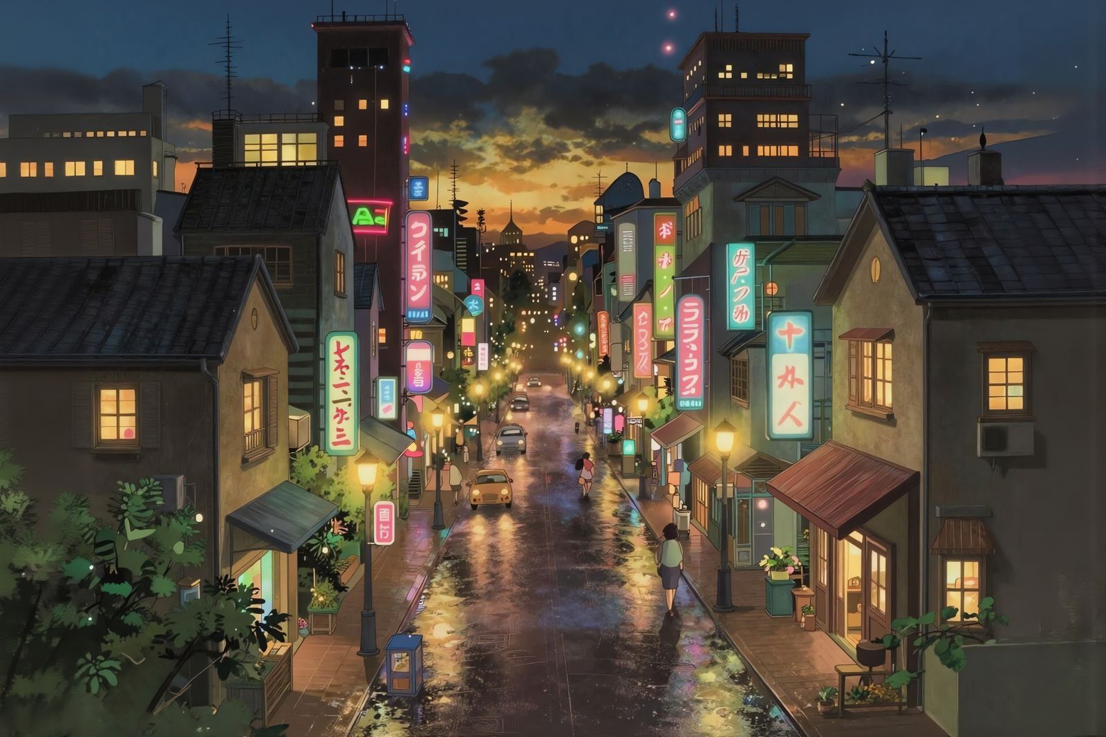 Ghibli City at Night with Neon Lights