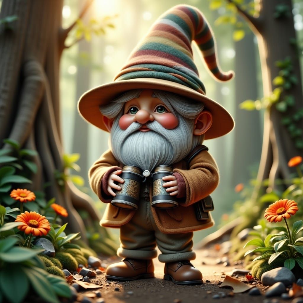 Gnome Bird Watching in Lush Forest, 3D Render