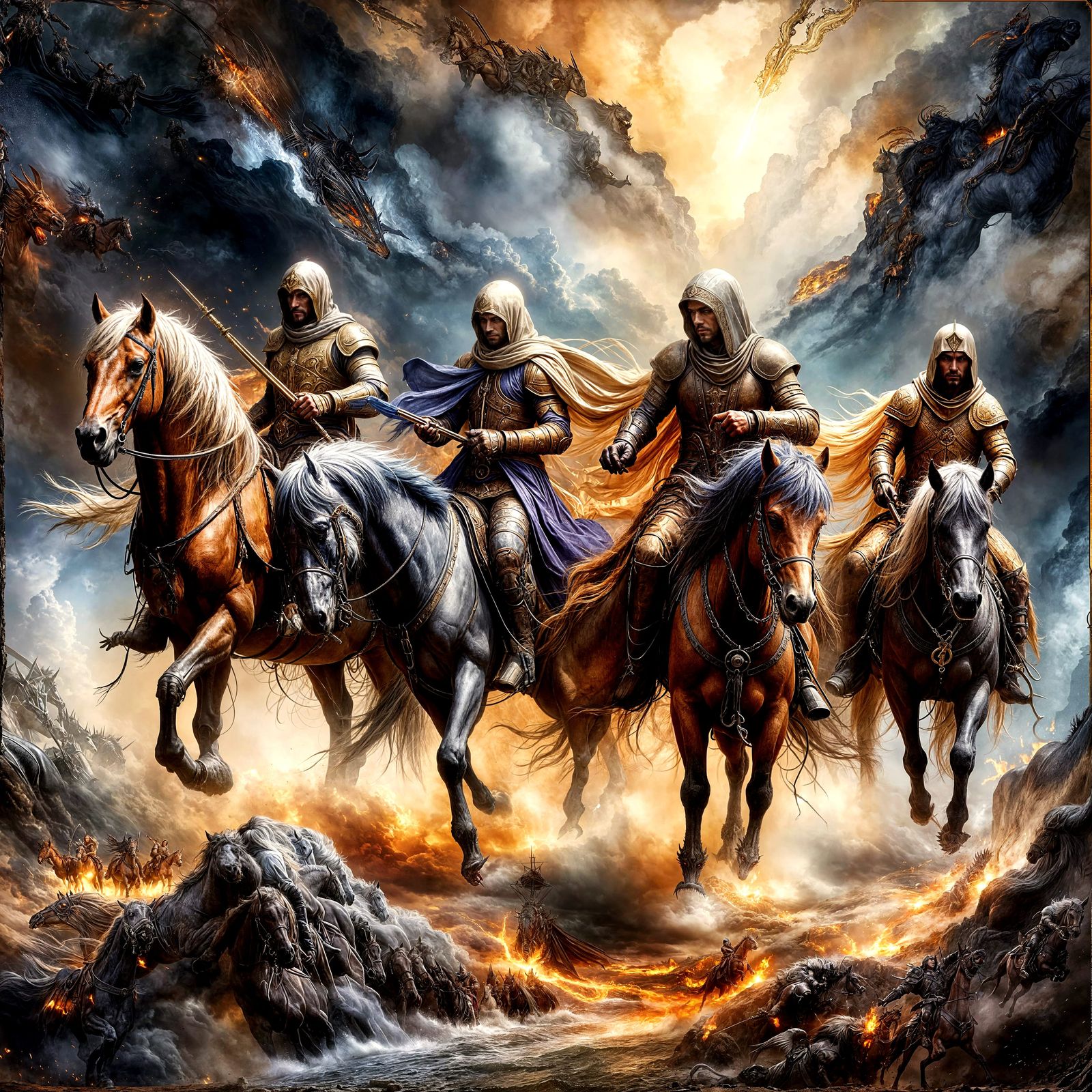 Four Horsemen Descend from Heavens in Metallic Style