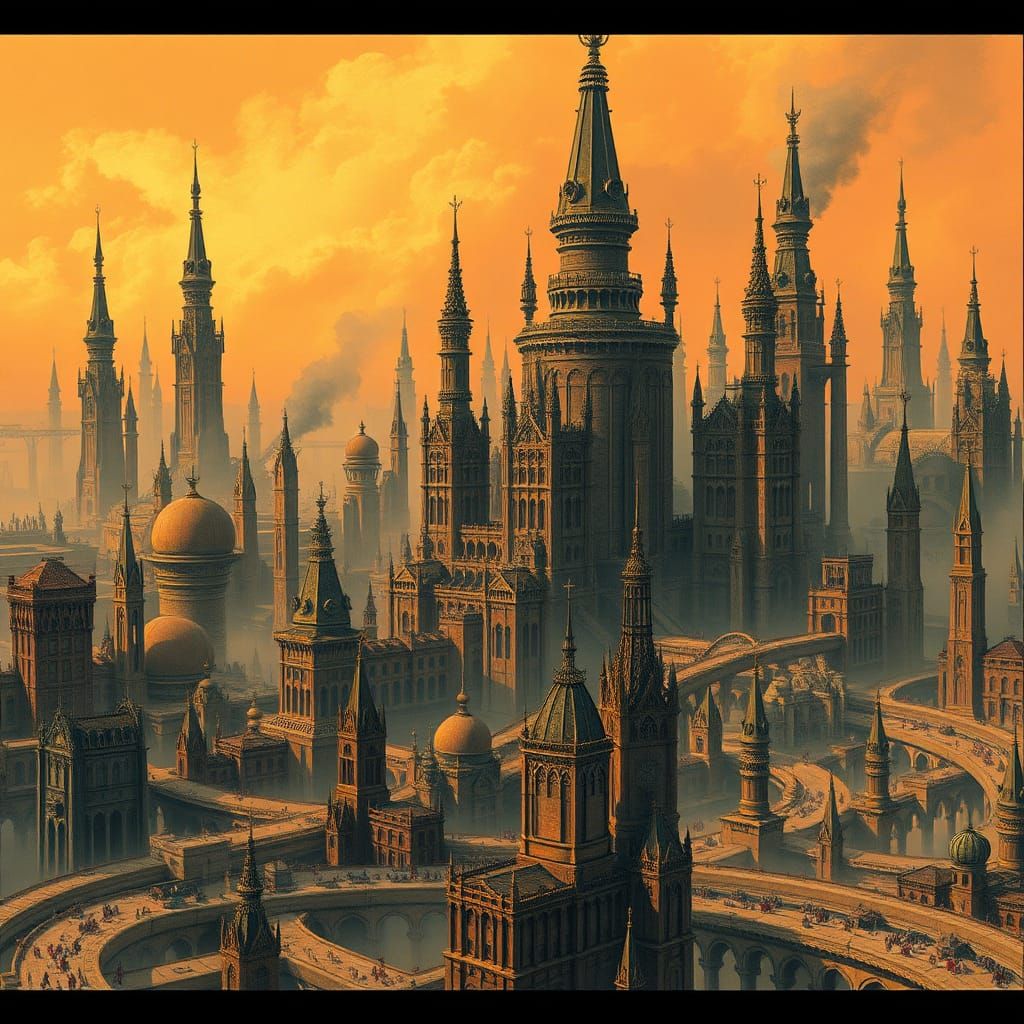 Magepunk Metropolis in Gritty Surrealist Style
