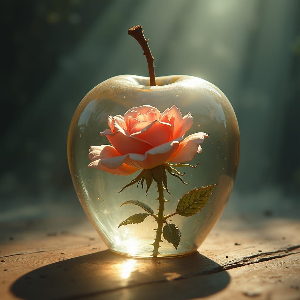 Glass Apple with Rose, Cinematic Fantasy Art