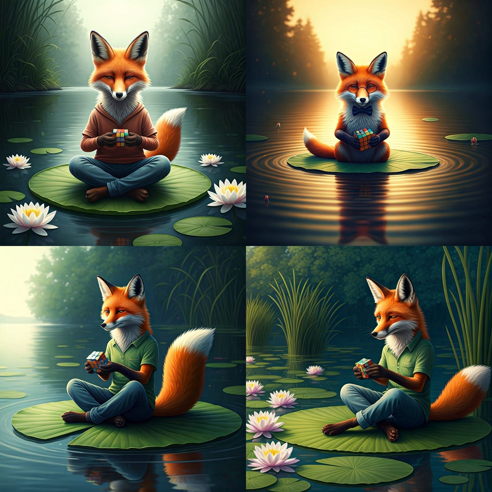 Fox Solves Rubik's Cube in Lake: AI Art