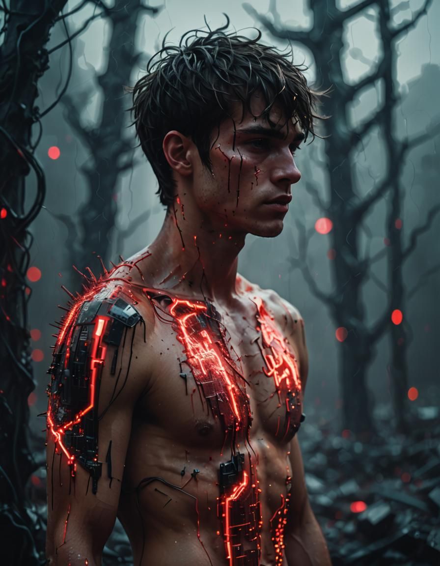 Surreal Neofuturistic Man in Circuitry Landscape