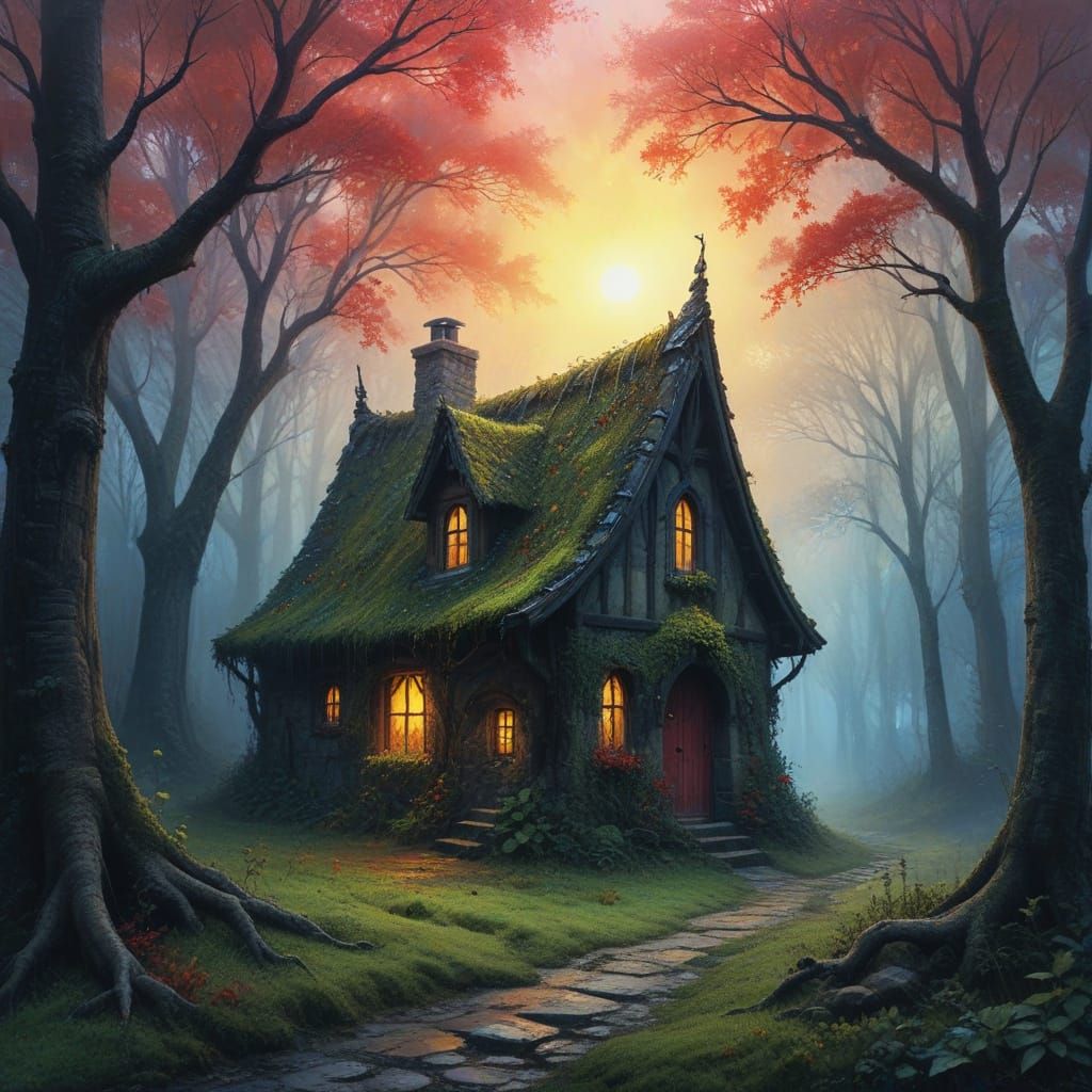 Medieval Cottage Emerging from Mysterious Sunrise Fog