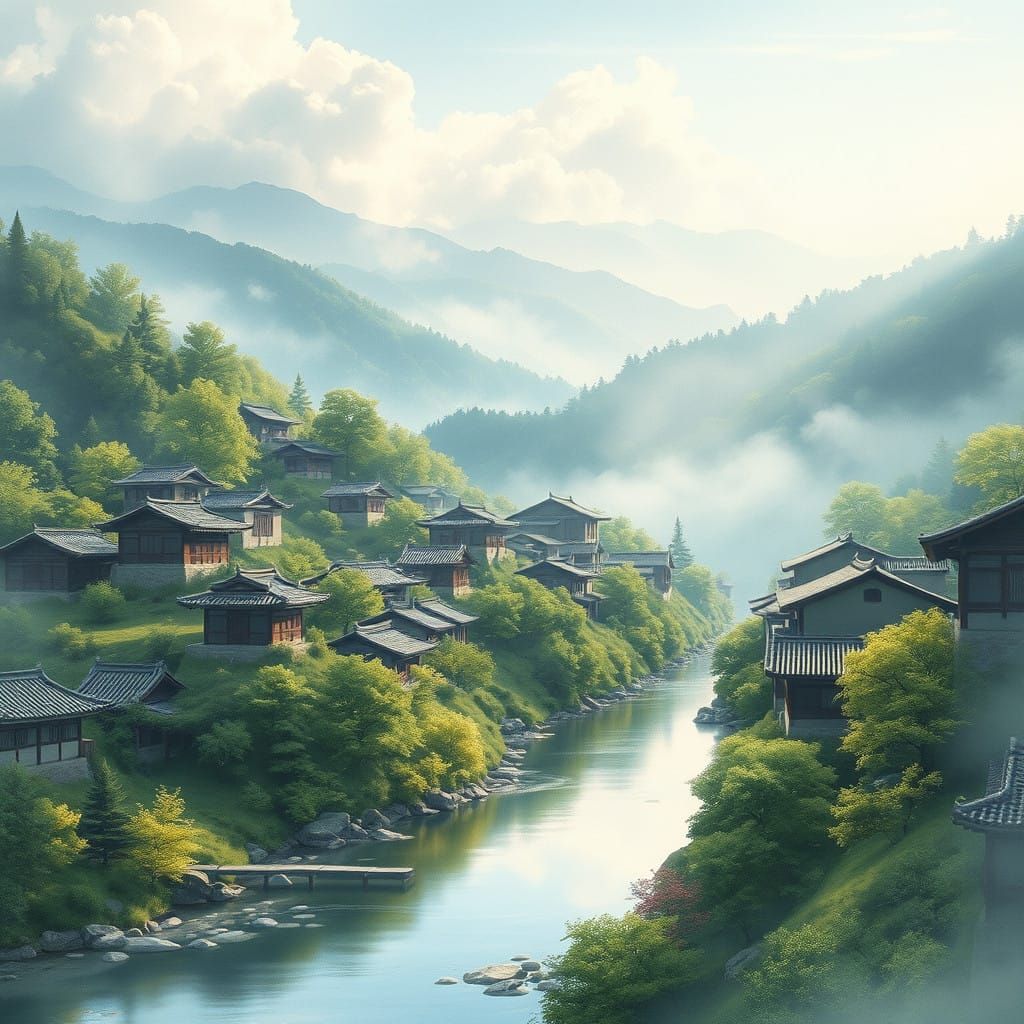Serene Korean Village in Watercolor Style