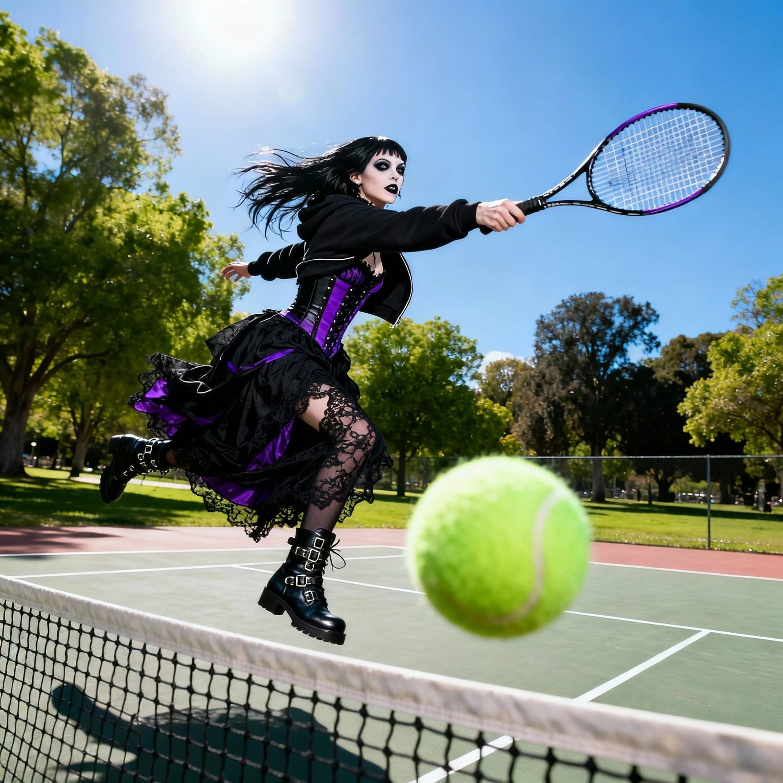 Goth Tennis Player Leaping for a Powerful Serve