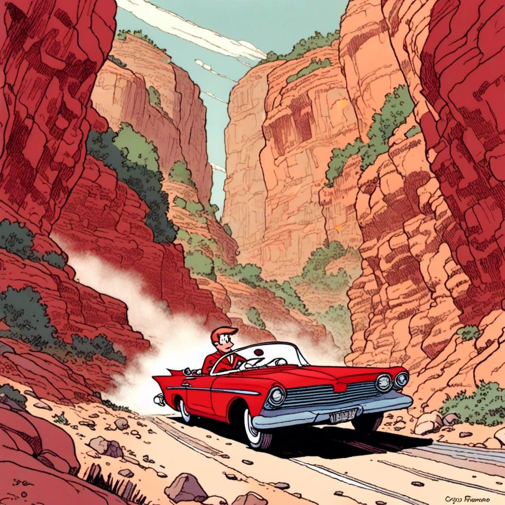 Red Race Car Canyon Run in Comic Book Style