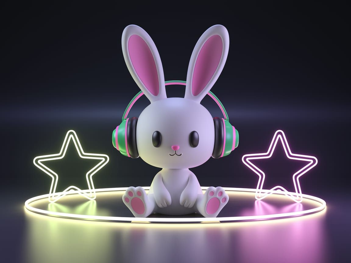 Neon Bunny with Headphones in 3D Digital Art