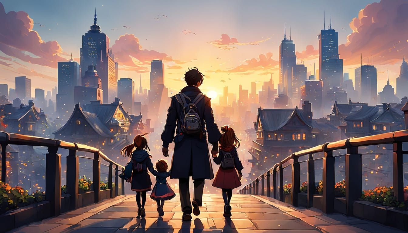 Surreal Pixar Sunset Over City Skyline with Lovable Family