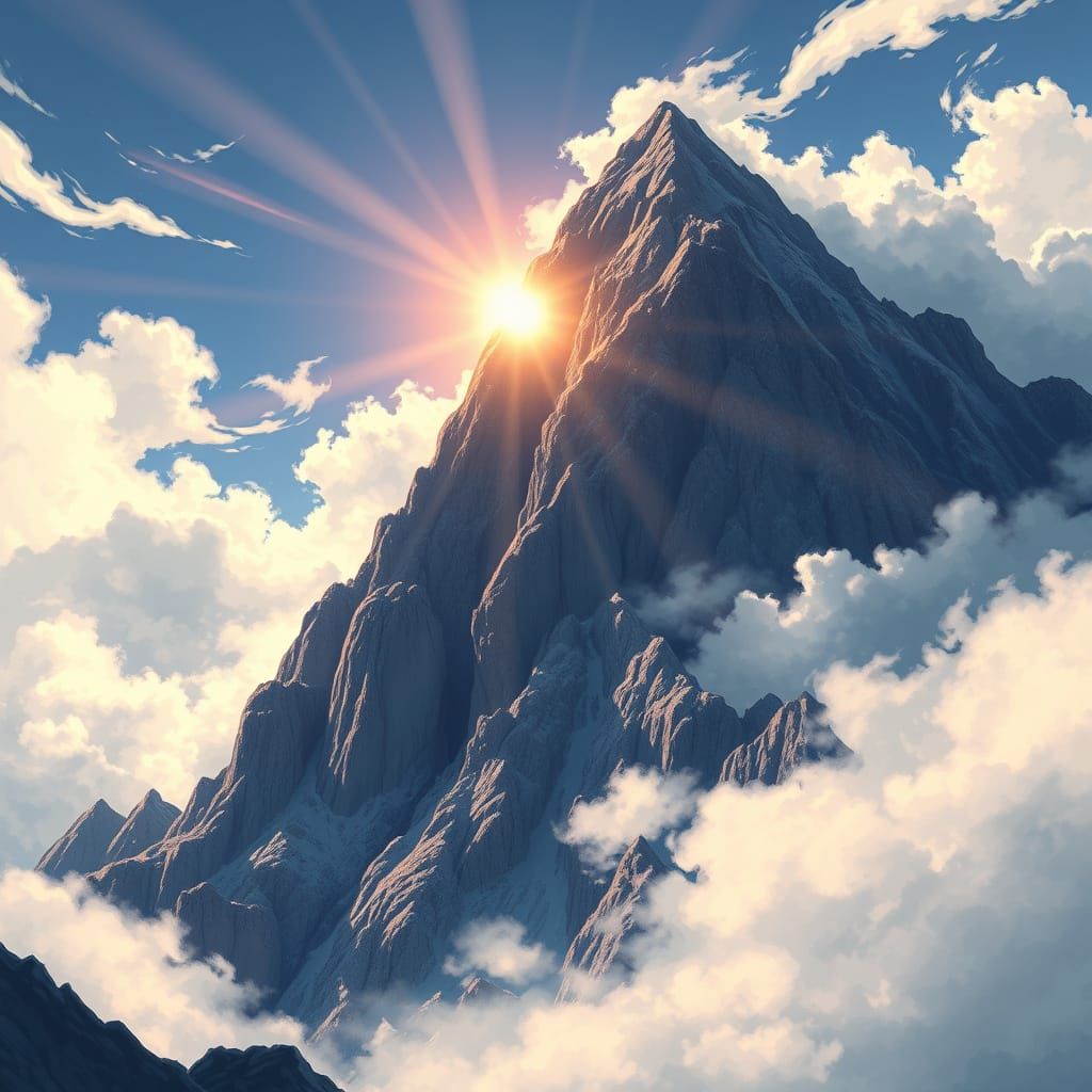 Majestic Mountain Peak in Vibrant Manga-Inspired Illustratio...