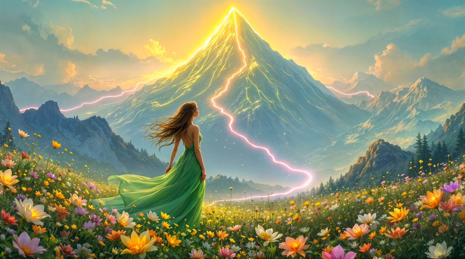 Dreamy Fantasy Scene of a Woman Among Glowing Flowers and a ...