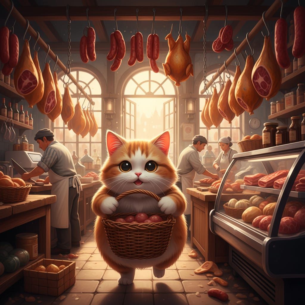Chubby Cat Explores Butcher Shop in 3D Anime Style