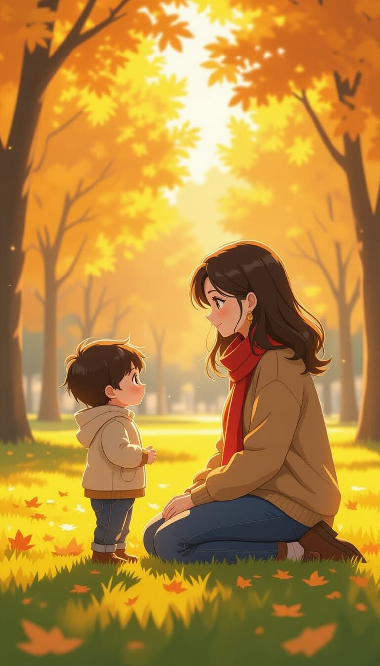 Warm Golden Light Illuminates Mother and Child in Park