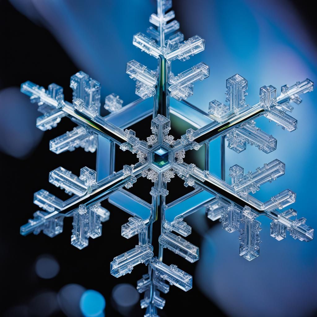 Glittering Snowflake Under Microscope in UV Photography