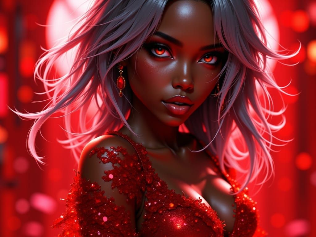 Seductive Woman in Red Gown with Neon Accents