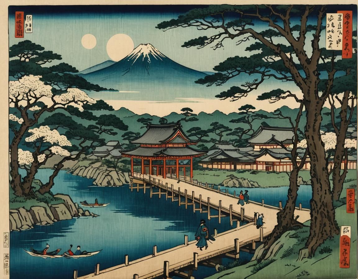 Suijin Shrine: Japanese Woodblock Print in Ukiyo-e Style