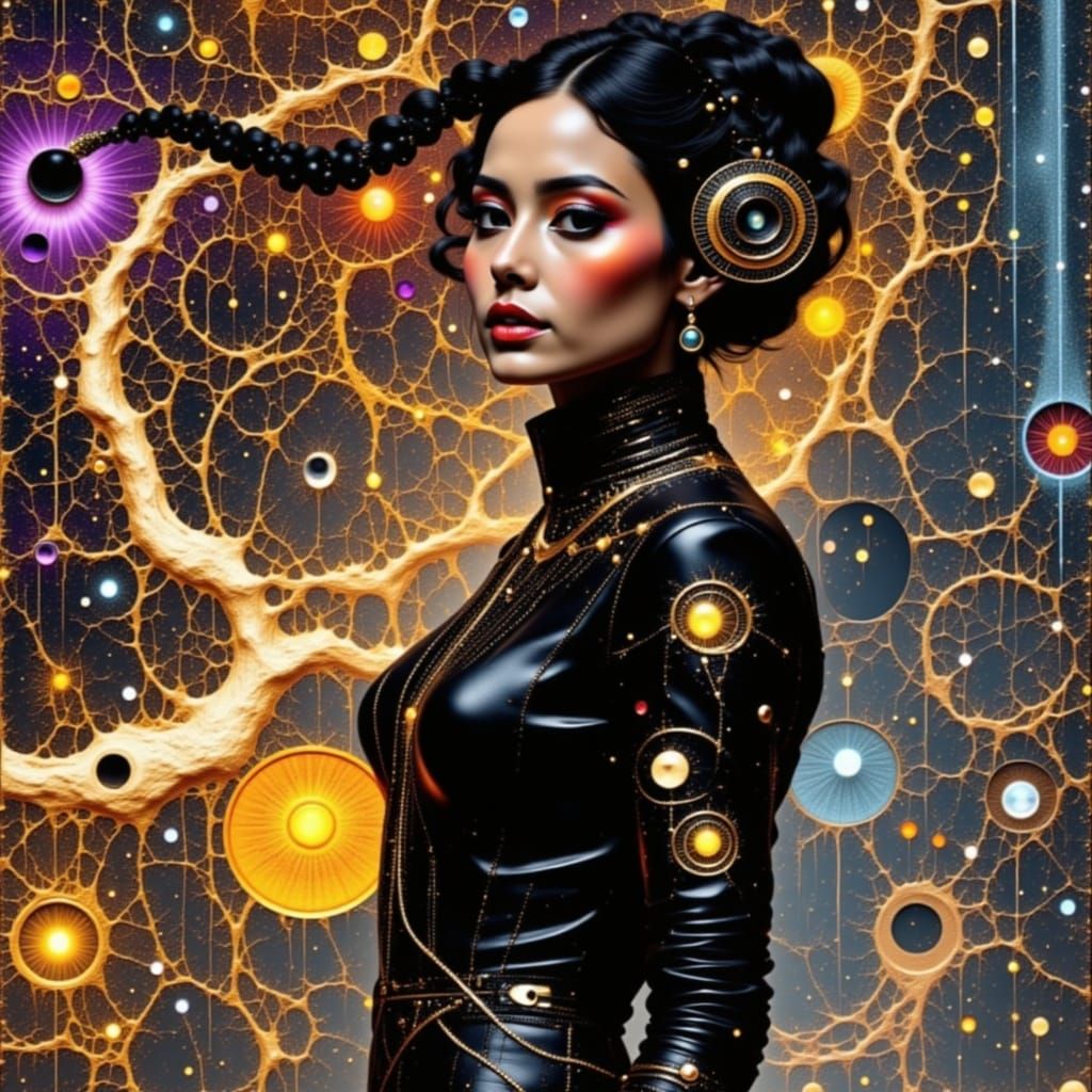 Retro-Futuristic Goddess in Glowing Cityscape